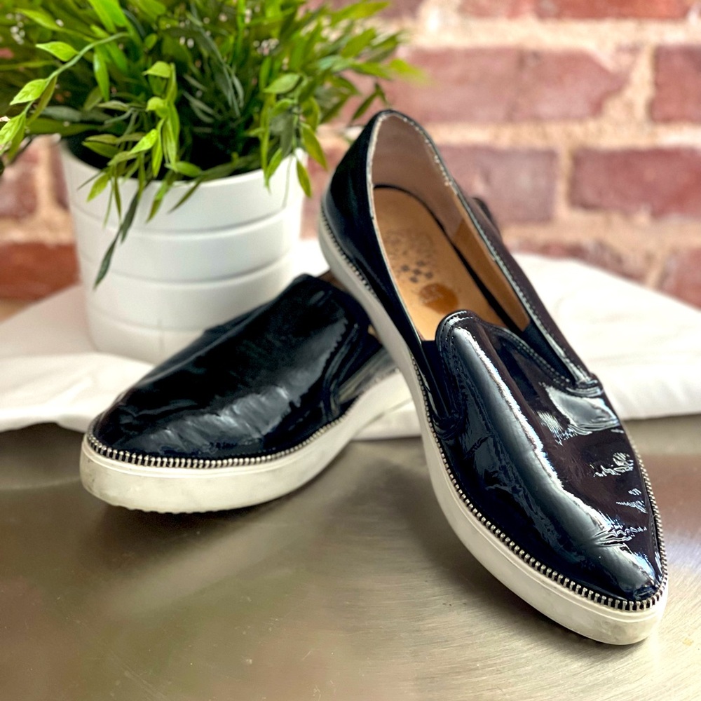 LOAFERS: Gently used Black coated Vince Camuto. Size 9.